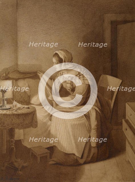 Woman Beside Bed of Sick Chid, 1840-1850. Creator: August Hunger.