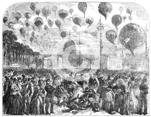 The Ascent of Balloons from the Esplanade of the Invalides, 1856.  Creator: Unknown.