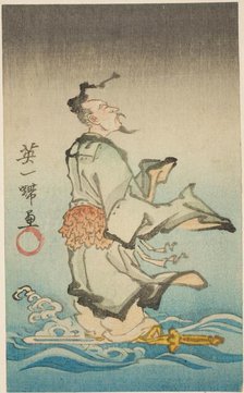 Joriken riding his sword across water, section of a sheet from an untitled harimaze series, 1858. Creator: Utagawa Kunisada.