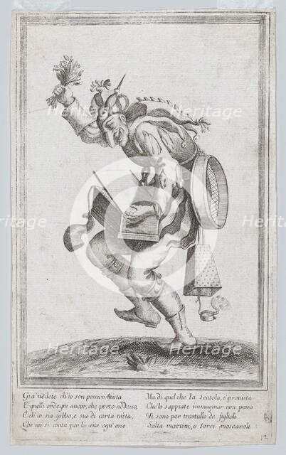 A caricature figure representing a poor itinerant artist loaded with various implem..., ca. 1640-60. Creator: Anon.