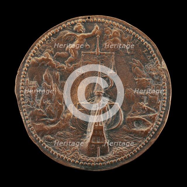Ship, and Putto Holding Scales [reverse], 1574. Creator: Jacob Zagar.