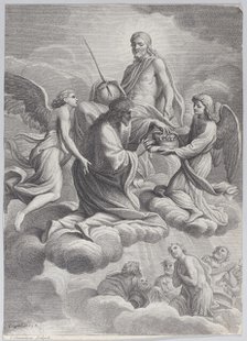 Saint Louis of France received into heaven by Christ and two angels who offer him the c..., 1671-80. Creator: Charles-Louis Simonneau.