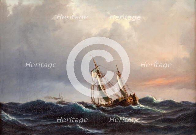 A ship in high seas at sunset, 1847. Creator: Anton Melbye.