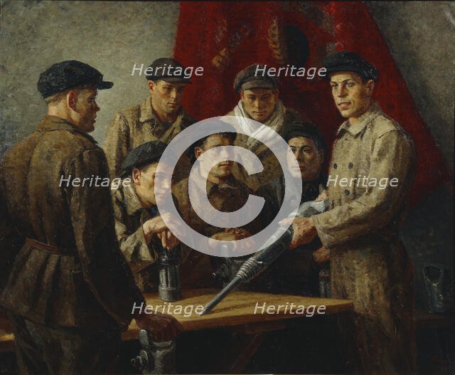 Before shift work. Stakhanov Brigade, 1937. Creator: Ryazhsky, Georgi Georgievich (1895-1952).