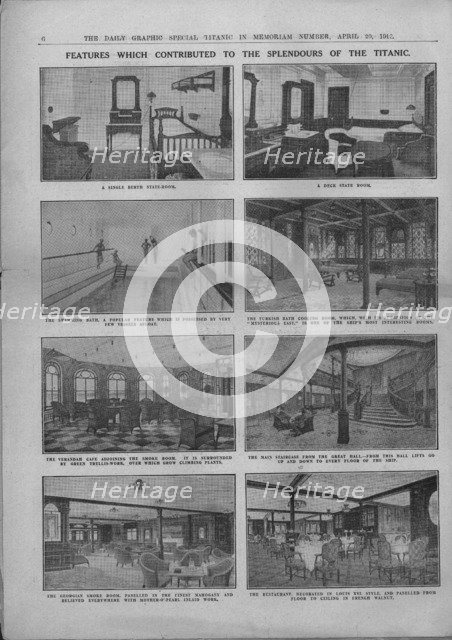 'Features which Contributed to the Splendours of the Titanic', April 20, 1912. Creator: Unknown.