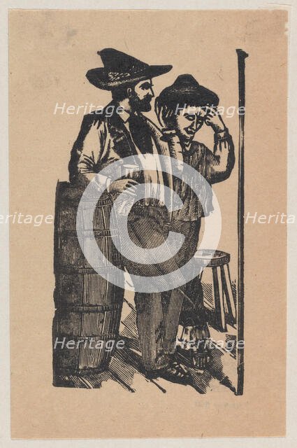 Two men leaning on a barrel and drinking, ca 1890-1910., ca 1890-1910. Creator: José Guadalupe Posada.