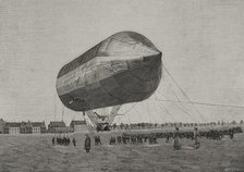 Aerostation flight test with an aluminum airship, held at Tempelhof, nr Berlin, on Nov 3 1897,1898.  Creator: Benigno Matute Parga.