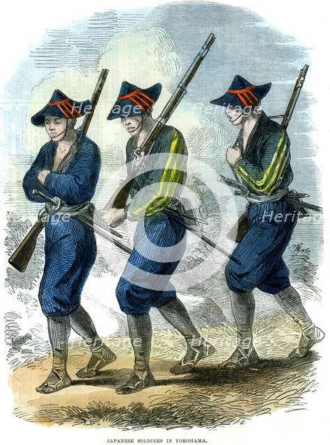 Japanese soldiers in Yokohama, Japan, 1865. Artist: Unknown