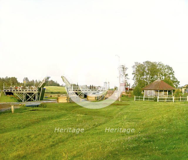 Volokov drawbridge on the Vytegra River, 1909. Creator: Sergey Mikhaylovich Prokudin-Gorsky.