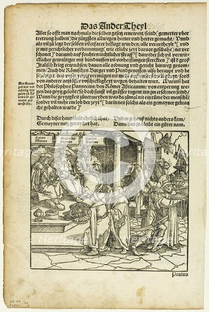 Lucius Mutius, Scipio Africanus, and Paulus Aemilius (recto) Battle Scene (verso) from..., 1937. Creator: Hans Weiditz.