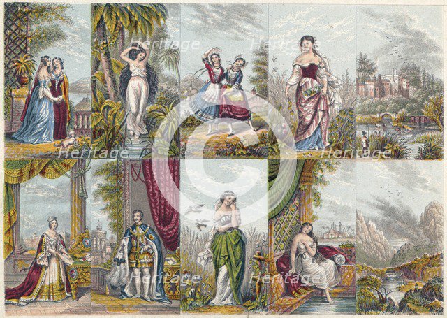 Series of views and figures, including a portrait of Queen Victoria and Prince Albert, 1851. Artist: Unknown.