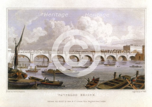 Waterloo Bridge, London, across the Thames, 1817. Artist: Thomas Hosmer Shepherd