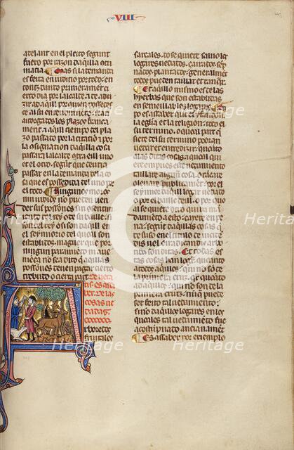 Initial A: Two Men Hunting Stag; Vidal Mayor, about 1290-1310. Creator: Unknown.