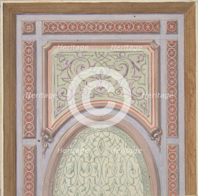 Partial design for the decoration of a ceiling with an oval panel at center, 1830-97. Creators: Jules-Edmond-Charles Lachaise, Eugène-Pierre Gourdet.