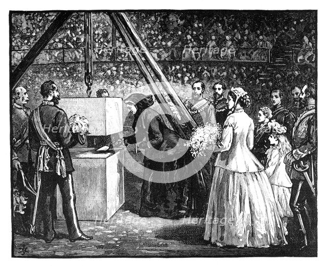 Queen Victoria laying the foundation stone of the Royal Albert Hall, London, 1860s. Artist: Unknown