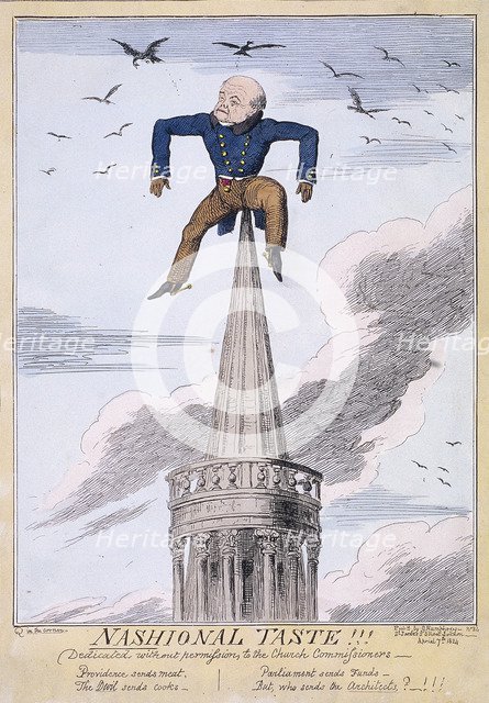John Nash on the spire of All Souls Church, Langham Place, Westminster, London, 1824. Artist: Anon
