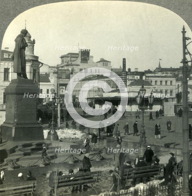 'The Pushkin Monument in the Strastnaya Plochad, Moskva (Moscow), U.S.S.R. (Russia)', c1930s. Creator: Unknown.