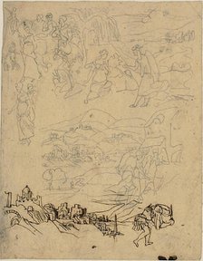 Sketches of Biblical Scenes, Town by Lake, Mountain Village, Warrior, n.d. Creator: Rodolphe Bresdin.