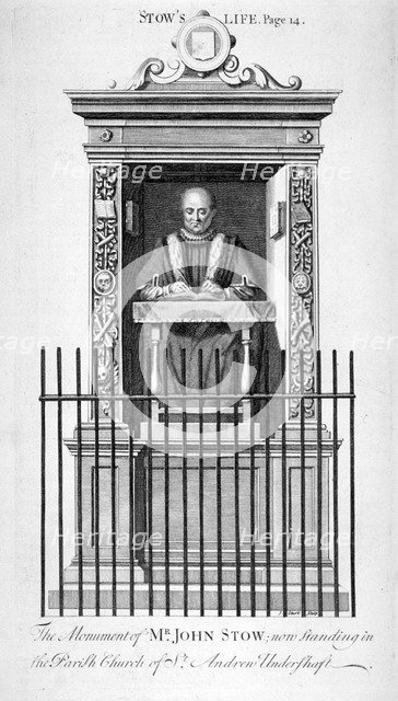 Monument to John Stow in St Andrew Undershaft, City of London, c1750.                                Artist: Anon