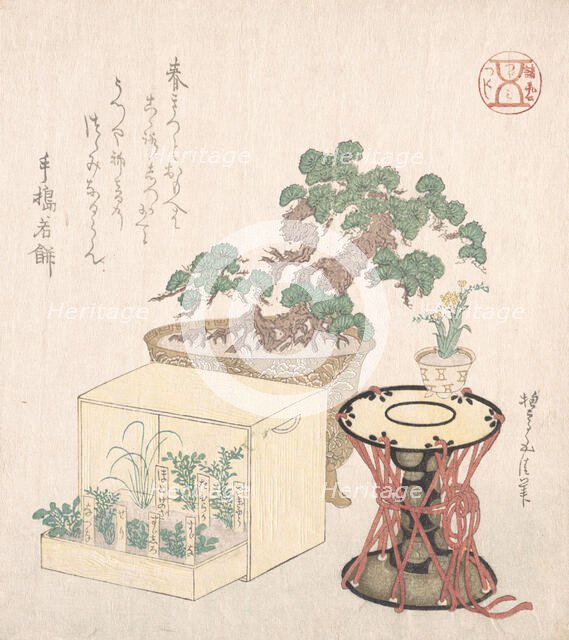 Potted Pine Tree, Drum and Seven Herbs Planted in a Box, 18th-19th century., 18th-19th century. Creator: Sunayama Gosei.