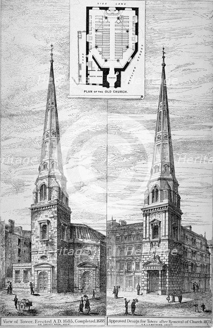 Two views of the tower of St Antholin, City of London, 1875. Artist: Anon