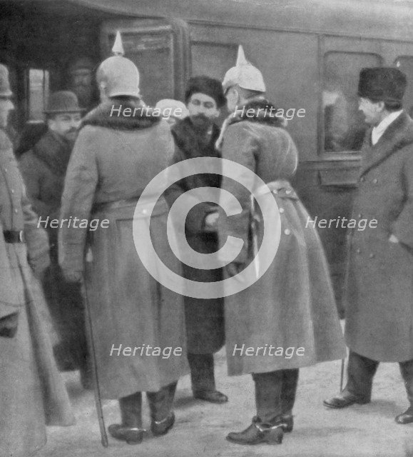 Leon Trotsky arriving for peace negotiations with the Germans, Brest-Litovsk, 7 January 1918. Artist: Unknown