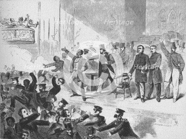 'William Lloyd Garrison trying to hold a John Brown anniversary meeting in Tremont Temple, Boston',  Artist: Unknown.