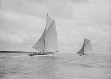 The racing cutters 'The Lady Anne' and 'Istria' running downwind, 1912. Creator: Kirk & Sons of Cowes.