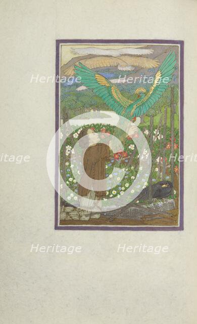 A Hunter Kneeling in a Meadow and Releasing Captive Birds; Story of a Hunter, 1908. Creator: Florence Kingsford Cockerell.