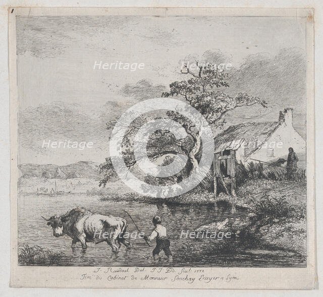 Herdsman and Bull, after Ruisdael, 1772. Creator: Jean-Jacques de Boissieu.