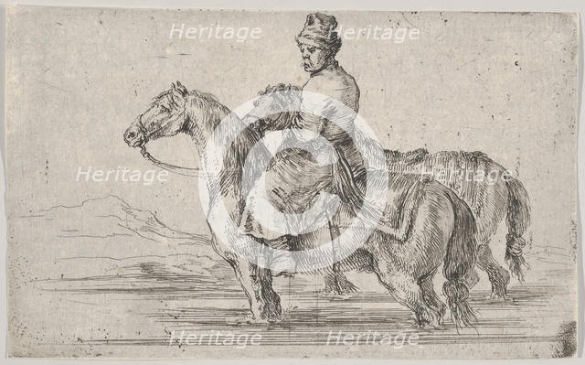 A valet taking two horses to bathe, sitting atop one horse in a river, the other besid..., ca. 1662. Creator: Stefano della Bella.