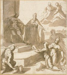 Study for Venice Receiving Homage and Gifts from Brescia, Udine, Padua, and..., c.1593. Creator: Jacopo Palma.