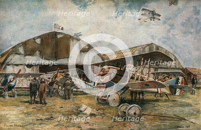 ''Combat Aerien; Devant les hangars d,une escadrille de chasse', 1918. Creator: Francois Flameng.