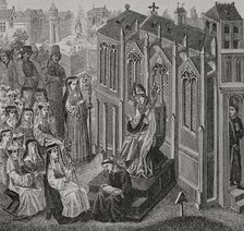 Canonesses gathered in Nivelles, where Walcaud, bishop of Liège, (810-832)...late 14th cent (1877).  Creator: Unknown.