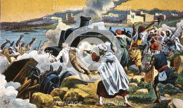 Campaign of Morocco, the Moors attack the civilians of the railroad near Melilla, 1909, colored e…