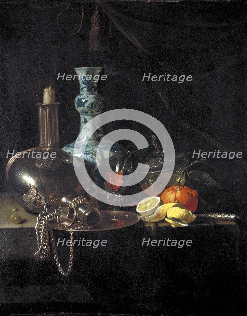 'Still life with a pilgrim flask, candlestick, porcelain vase and fruit', 17th century. Artist: Willem Kalf