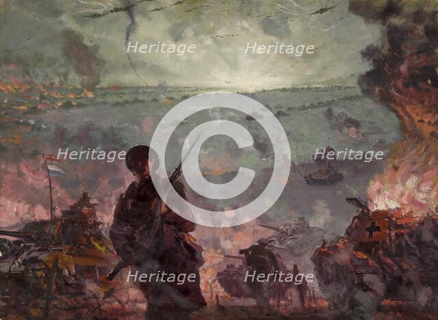 Silhouette of soldier with bayonet in foreground of coastal attack scene..., between 1939 and 1946. Creators: Unknown, Central Office of Information.