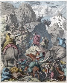 Ancient History. Carthage. Hannibal and his army passing the Alps into Italy. German engraving, 1…