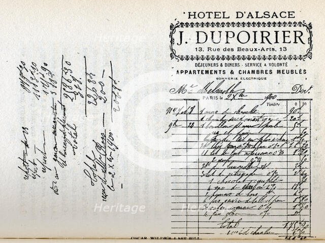 Oscar Wilde's last bill at Hotel D'Alsace, Paris, France, 1900. Creator: Unknown.