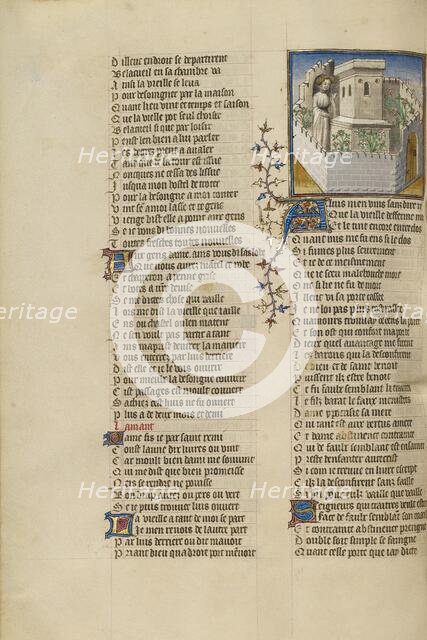 The Lover in the Castle's Garden where Good Reception is Imprisoned; Roman de la Rose, about 1405. Creator: Unknown.