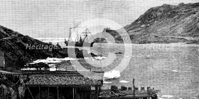 Sketches in Newfoundland: drying stages, with cod-fish, in April: arrival of a new governor, 1890. Creator: Unknown.