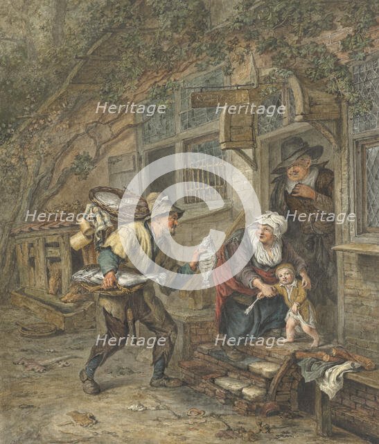 A fishmonger offers plaice to a schoolmaster and his family, 1763-1826. Creator: Abraham van Strij.