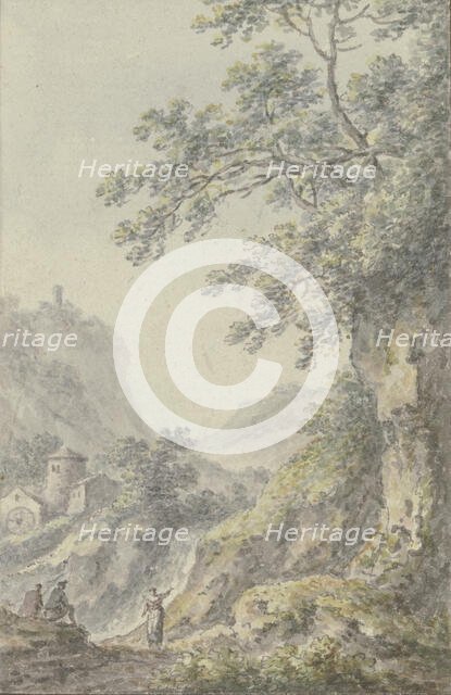 View of a mountain landscape with a castle, in the foreground a sunken lane with three figures, 1767 Creator: Johann Heinrich Muntz.