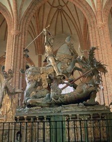 St George and the Dragon statue, inside the Storkyrkan Church, Stockholm, Sweden.