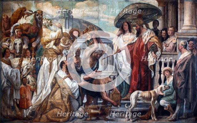 The envoys of the Caliph Harun al-Rashid offering a clock to Charlemagne, 1660. Artist: Jordaens, Jacob (1593-1678)