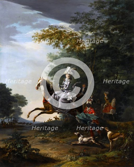 Marie-Antoinette (1755-1793) Hunting with Dogs. Artist: Brun de Versoix, Louis-Auguste (1758-1815)