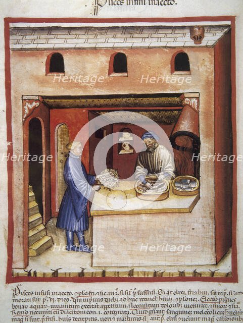 Man marinating fish in vinegar, 14th century.  Creator: Unknown.