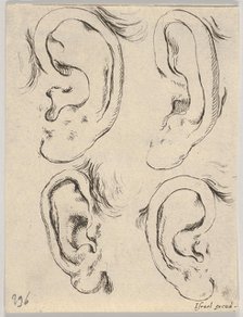 Plate 5: four ears, from 'The Book for Learning to Draw' (Livre pour apprendre à dessi..., ca. 1649. Creator: Stefano della Bella.