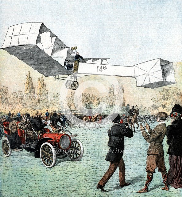 Santos-Dumont making the first powered plane flight in Europe, Paris, 1906. Artist: Unknown