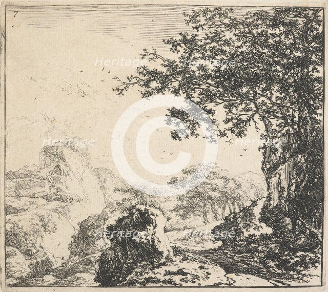 Eight landscapes. Plate 7: Mountainous landscape with trees, 1640-51. Creator: Herman Naiwincx.